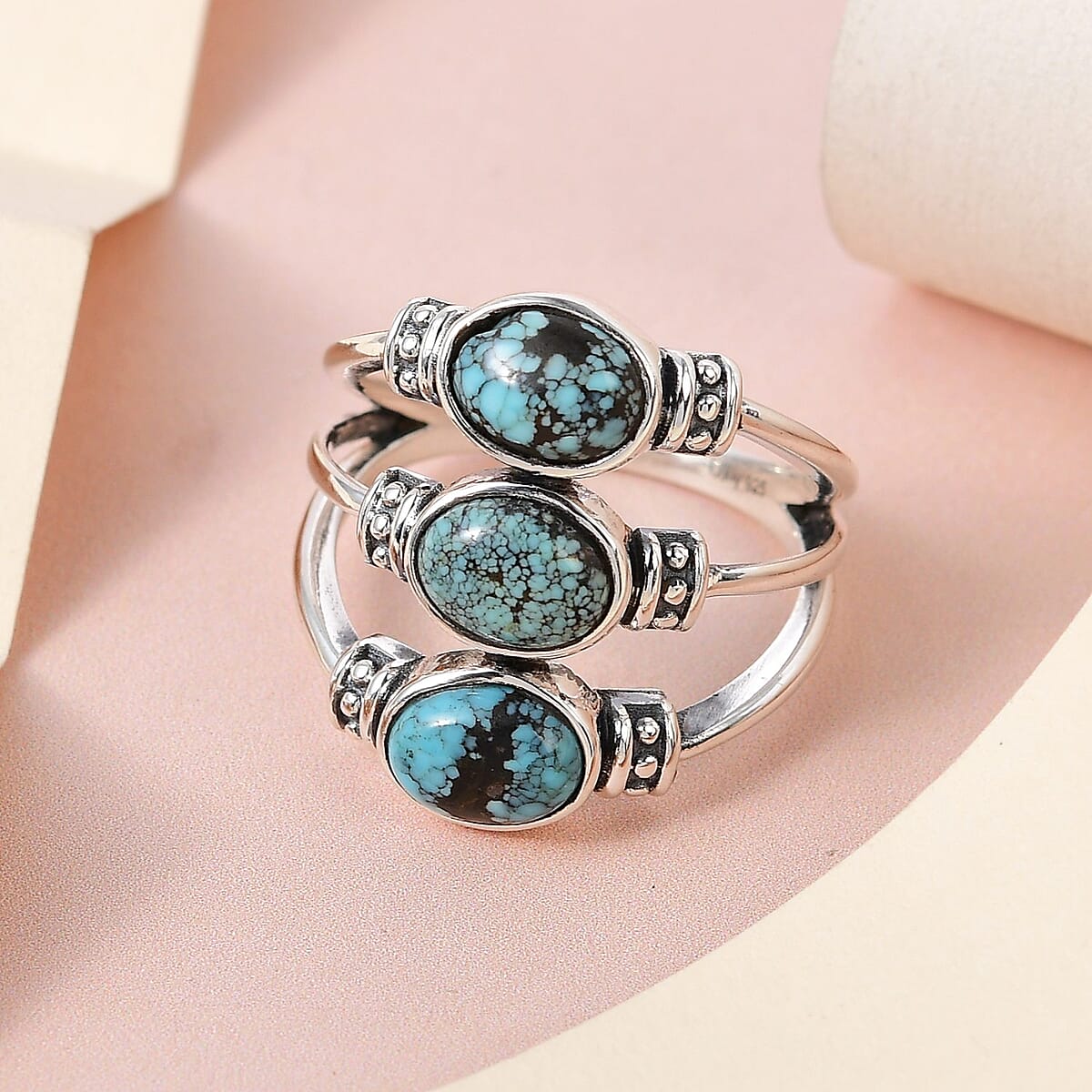 Blue Moon Turquoise Ring|3 Stone Ring in Sterling Silver| Artisan Crafted Jewelry| Southwestern Style Statement Ring For Women 3.50 ctw (Size 9) image number 1