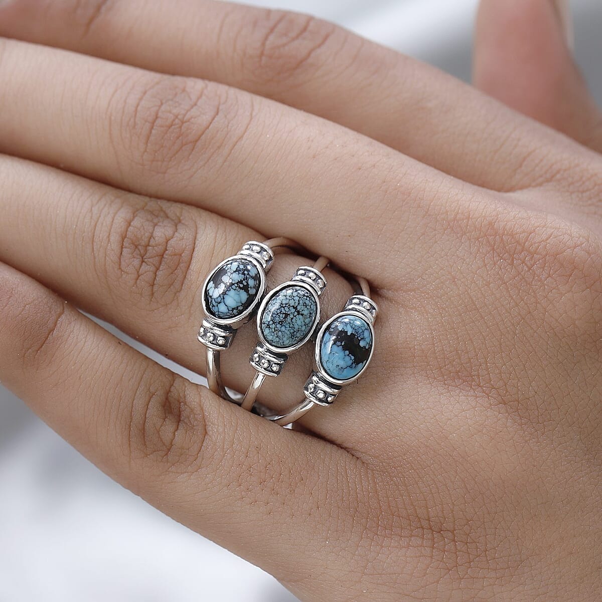 Blue Moon Turquoise Ring|3 Stone Ring in Sterling Silver| Artisan Crafted Jewelry| Southwestern Style Statement Ring For Women 3.50 ctw (Size 9) image number 2