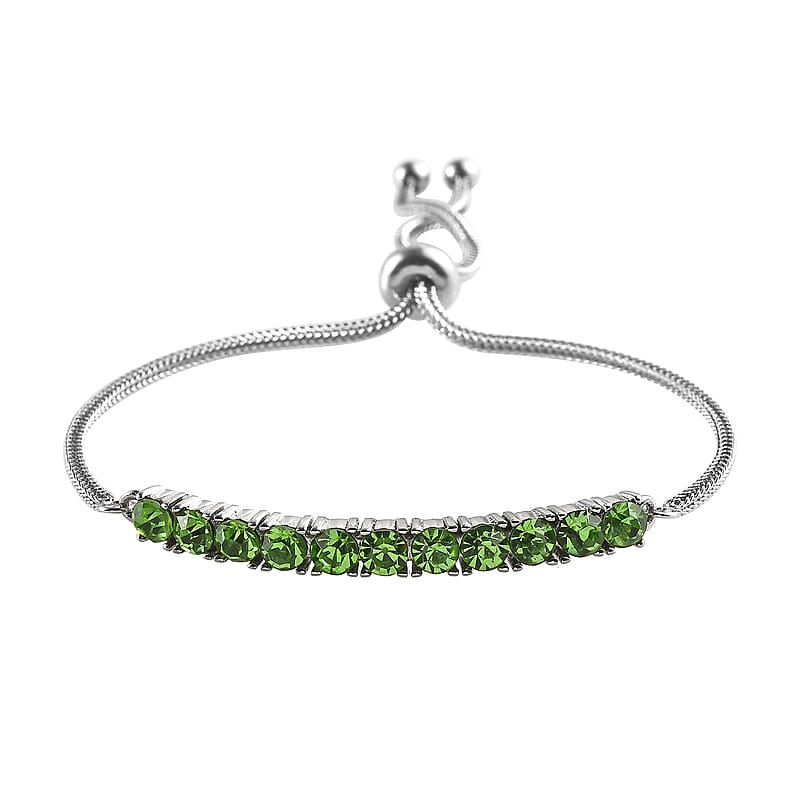 Peridot Color Crystal Bolo Bracelet in Stainless Steel , Tarnish-Free, Waterproof, Sweat Proof Jewelry