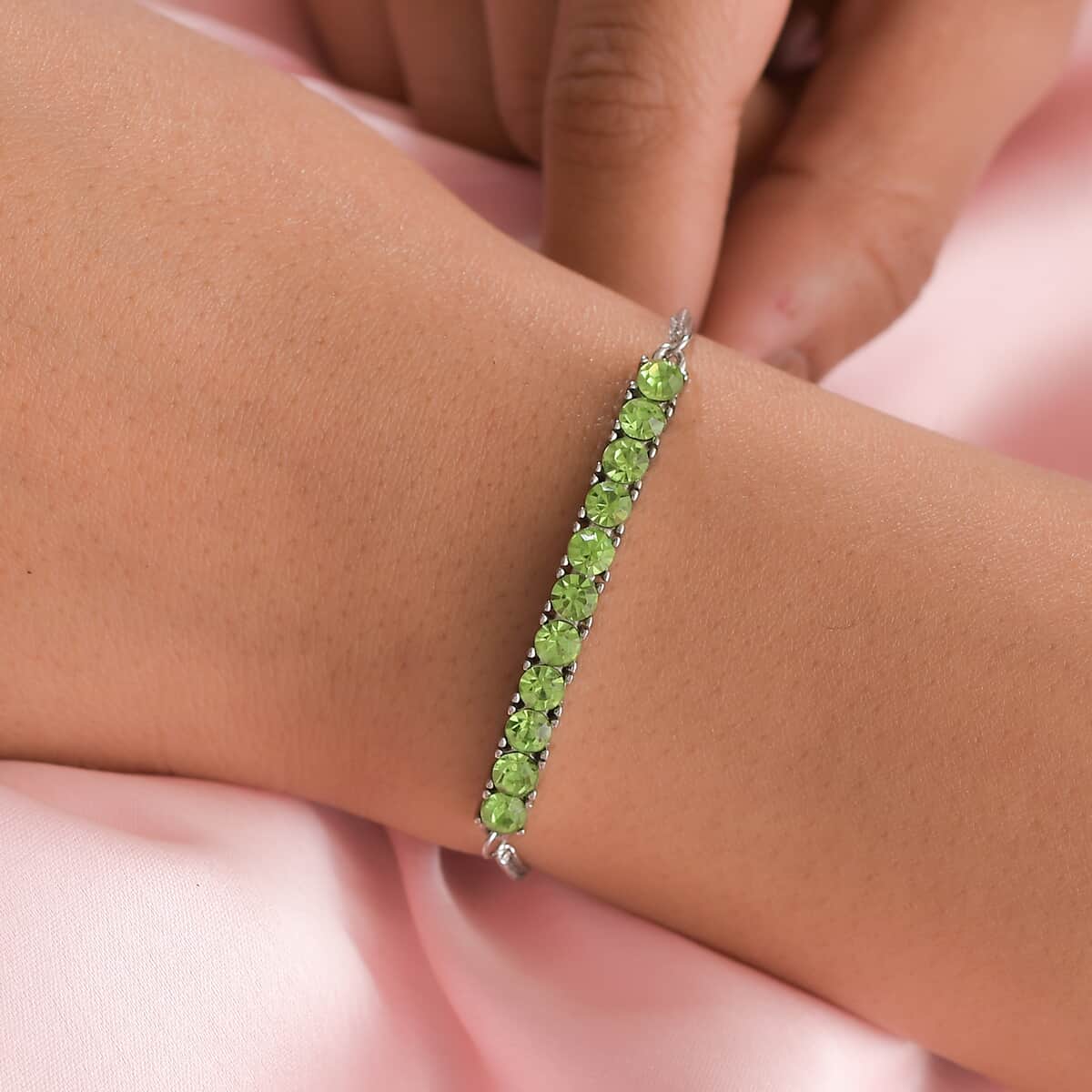 Peridot Color Crystal Bolo Bracelet in Stainless Steel | Tarnish-Free, Waterproof, Sweat Proof Jewelry image number 2