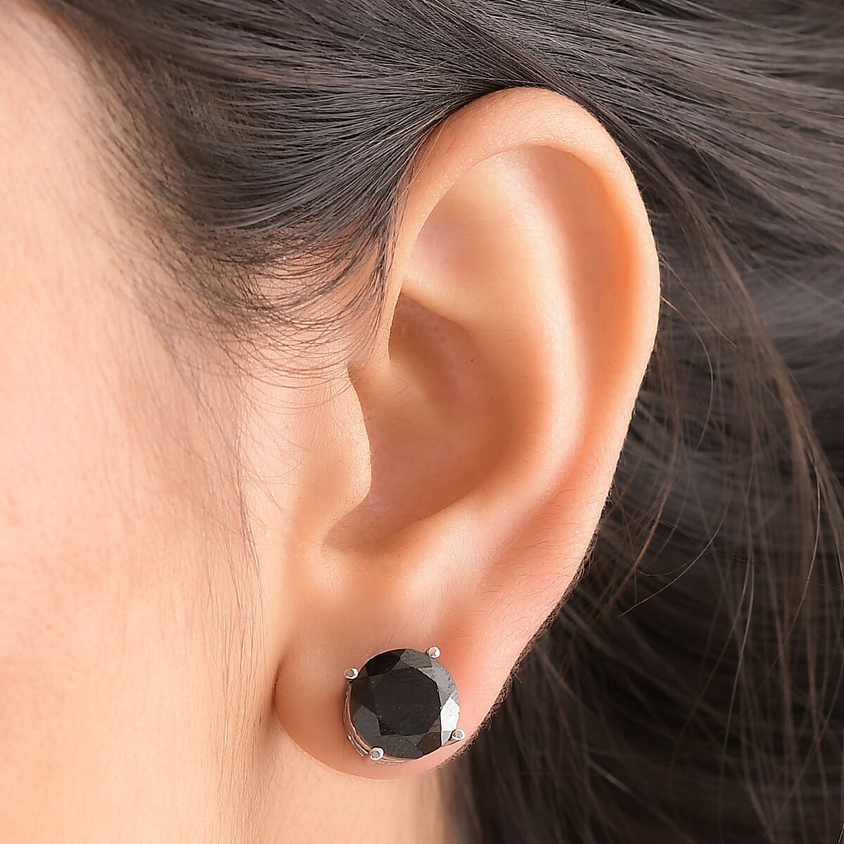 Thai Black Spinel Solitaire Stud Earrings in Stainless Steel 9.90 ctw image number 2