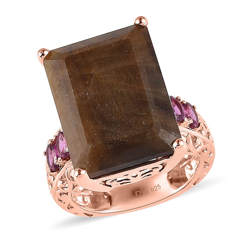Chocolate Sapphire and Rhodolite Garnet Ring in Vermeil Rose Gold Over Sterling Silver (Size 10.0) 36.40 ctw