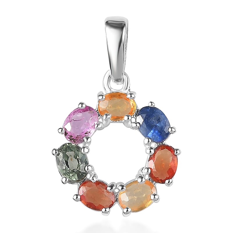 Multi Sapphire Cluster Pendant in Sterling Silver 2.10 ctw