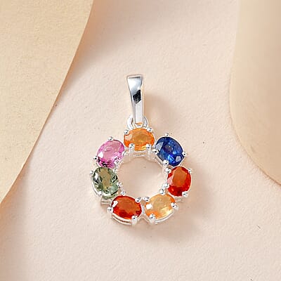 Multi Sapphire Cluster Pendant in Sterling Silver 2.10 ctw