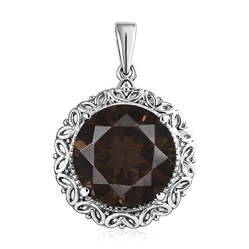 Brazilian Smoky Quartz Solitaire Pendant in Stainless Steel 10.00 ctw , Tarnish-Free, Waterproof, Sweat Proof Jewelry