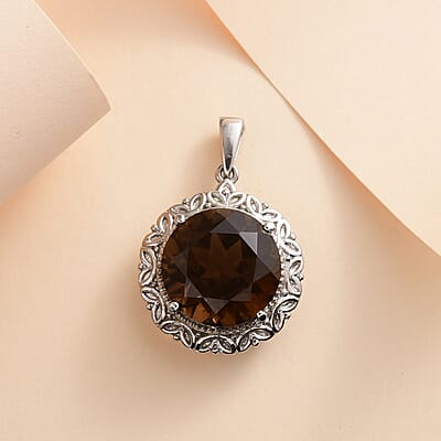 Brazilian Smoky Quartz Solitaire Pendant in Stainless Steel 10.00 ctw , Tarnish-Free, Waterproof, Sweat Proof Jewelry