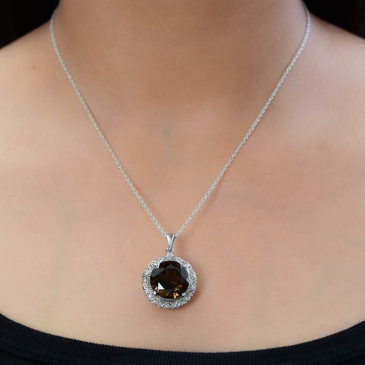 Brazilian Smoky Quartz Solitaire Pendant in Stainless Steel 10.00 ctw , Tarnish-Free, Waterproof, Sweat Proof Jewelry image number 2