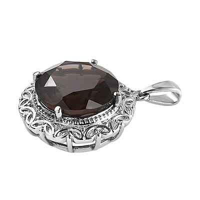 Brazilian Smoky Quartz Solitaire Pendant in Stainless Steel 10.00 ctw , Tarnish-Free, Waterproof, Sweat Proof Jewelry