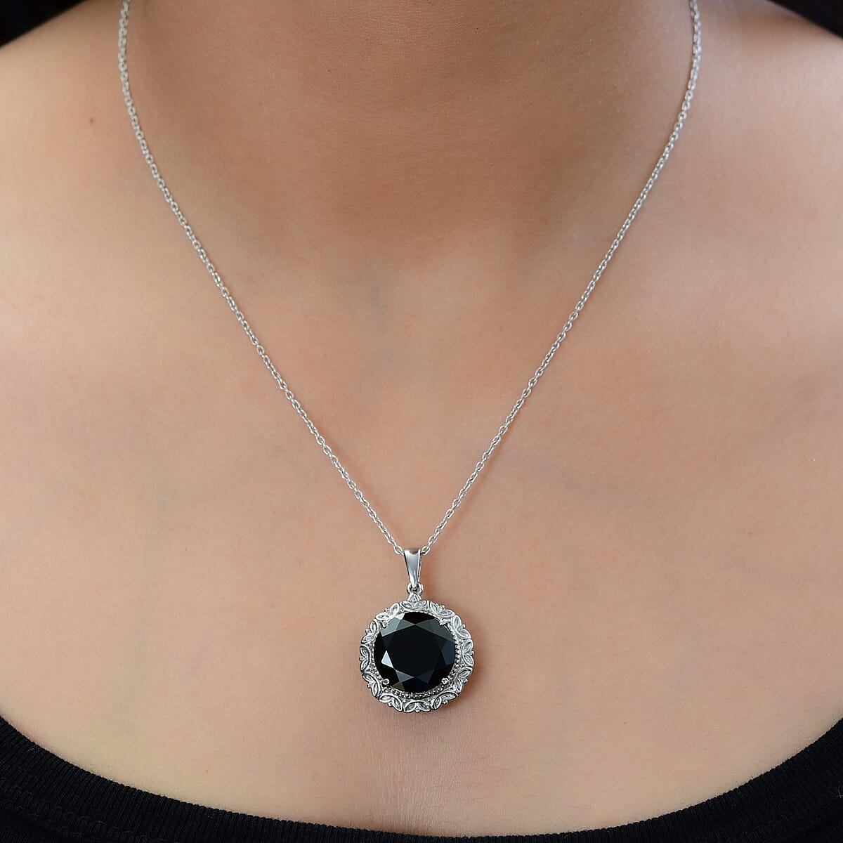 Thai Black Spinel Solitaire Pendant in Stainless Steel 10.35 ctw , Tarnish-Free, Waterproof, Sweat Proof Jewelry image number 2