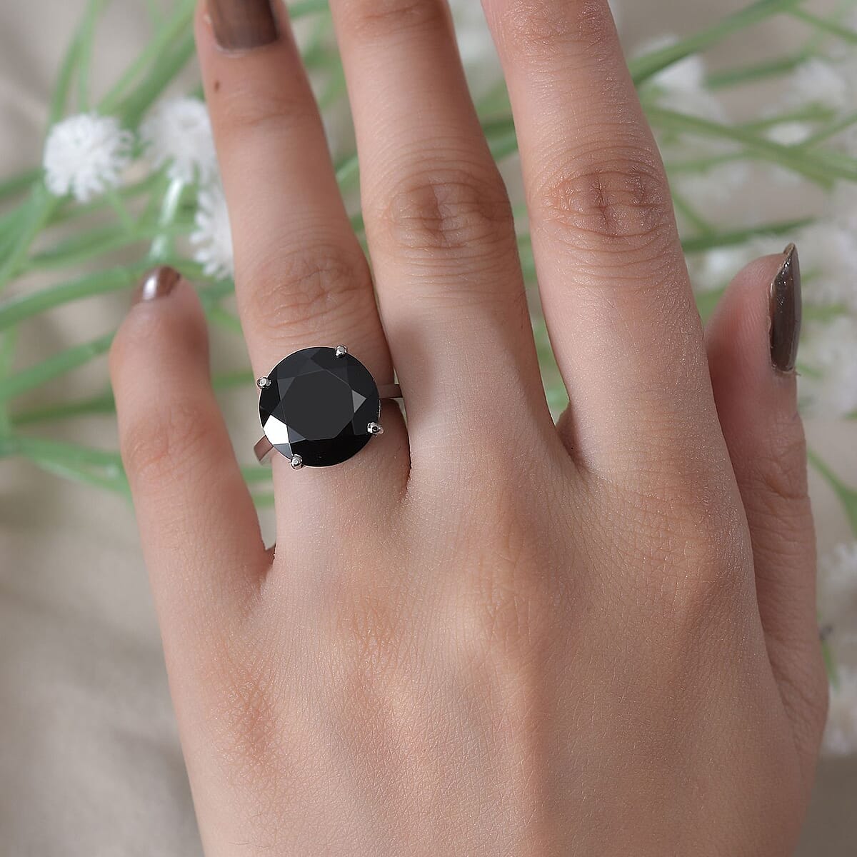 Thai Black Spinel Solitaire Ring in Stainless Steel (Size 8.0) 11.00 ctw image number 2