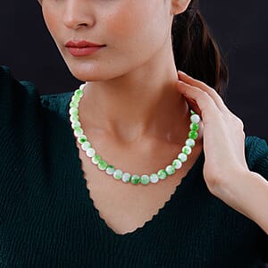 Green and White Agate 10mm Beaded Necklace 18 Inches in Sterling Silver 250.00 ctw