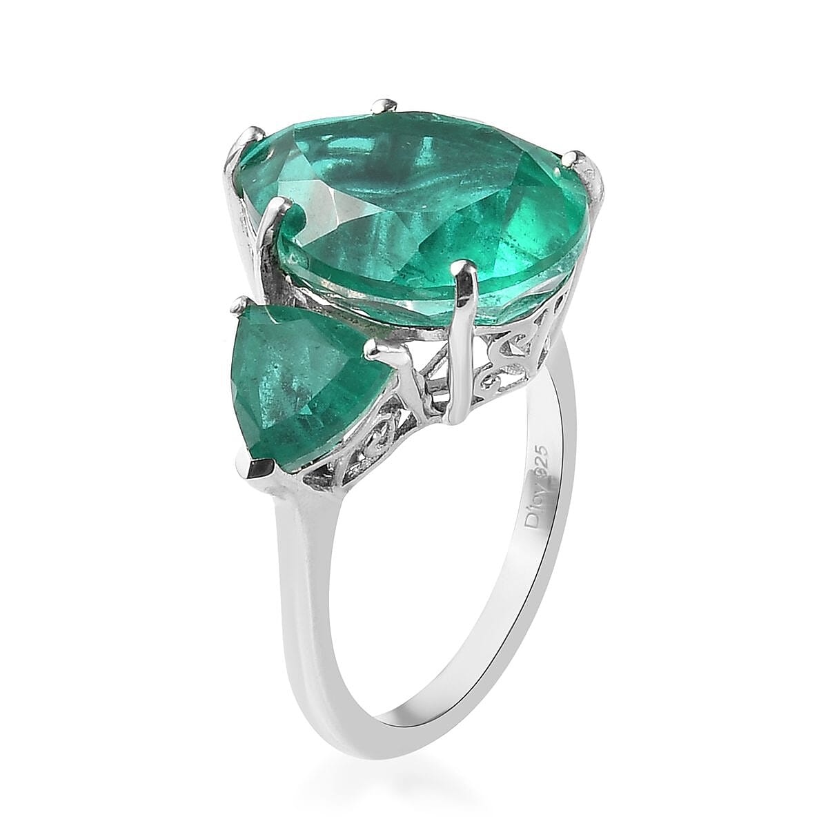 Emeraldine Quartz (Triplet) 3 Stone Ring in Platinum Over Sterling Silver (Size 7.0) 11.90 ctw image number 3