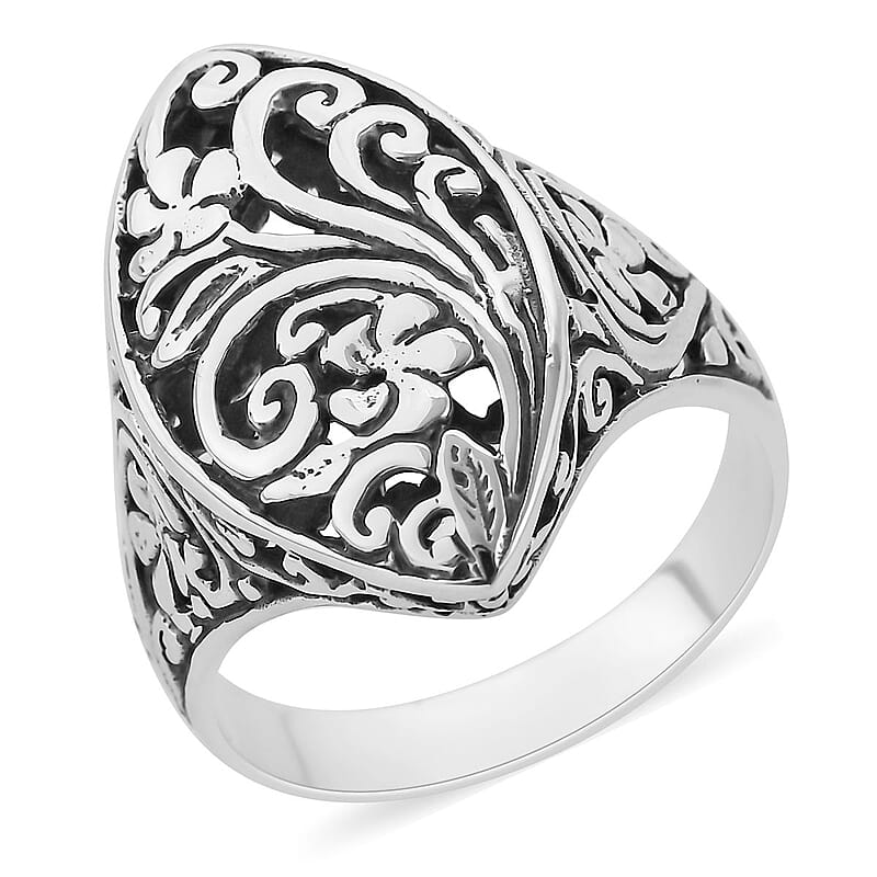 Bali Legacy Sterling Silver Marquise Shape Filigree Ring (Size 10.0) 7.2 Grams