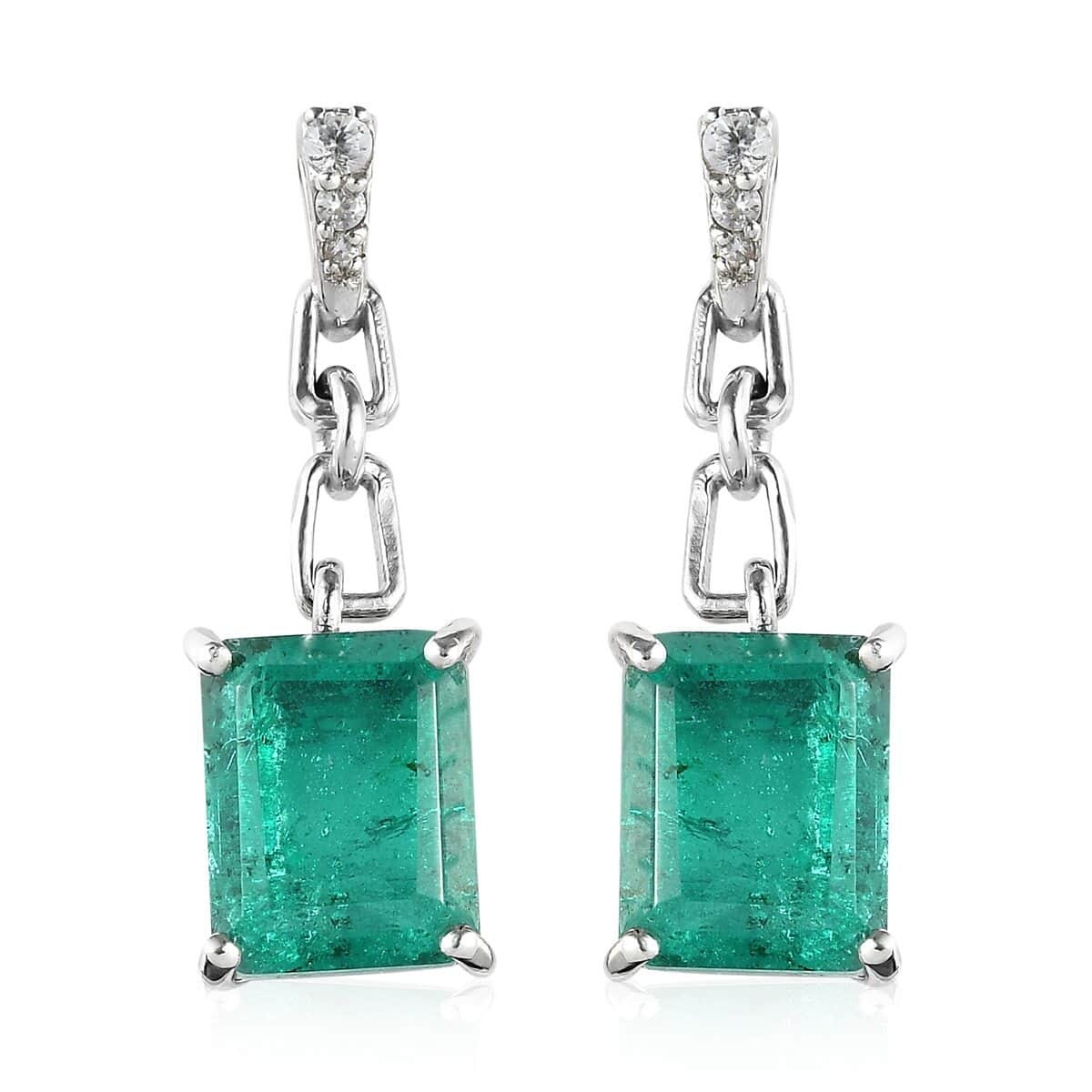 Emeraldine Quartz (Triplet) and White Zircon Dangling Earrings in Platinum Over Sterling Silver 7.80 ctw image number 0