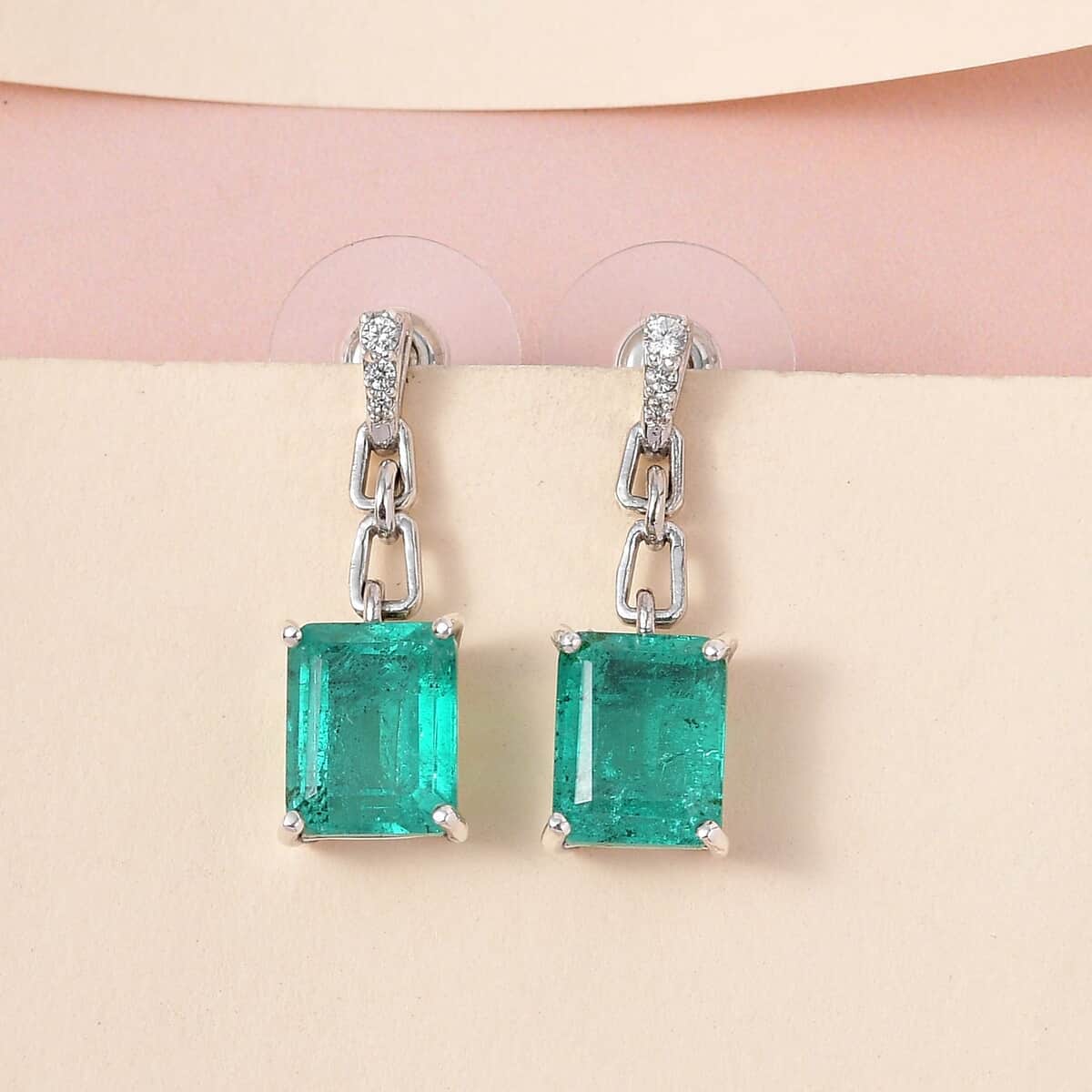 Emeraldine Quartz (Triplet) and White Zircon Dangling Earrings in Platinum Over Sterling Silver 7.80 ctw image number 1