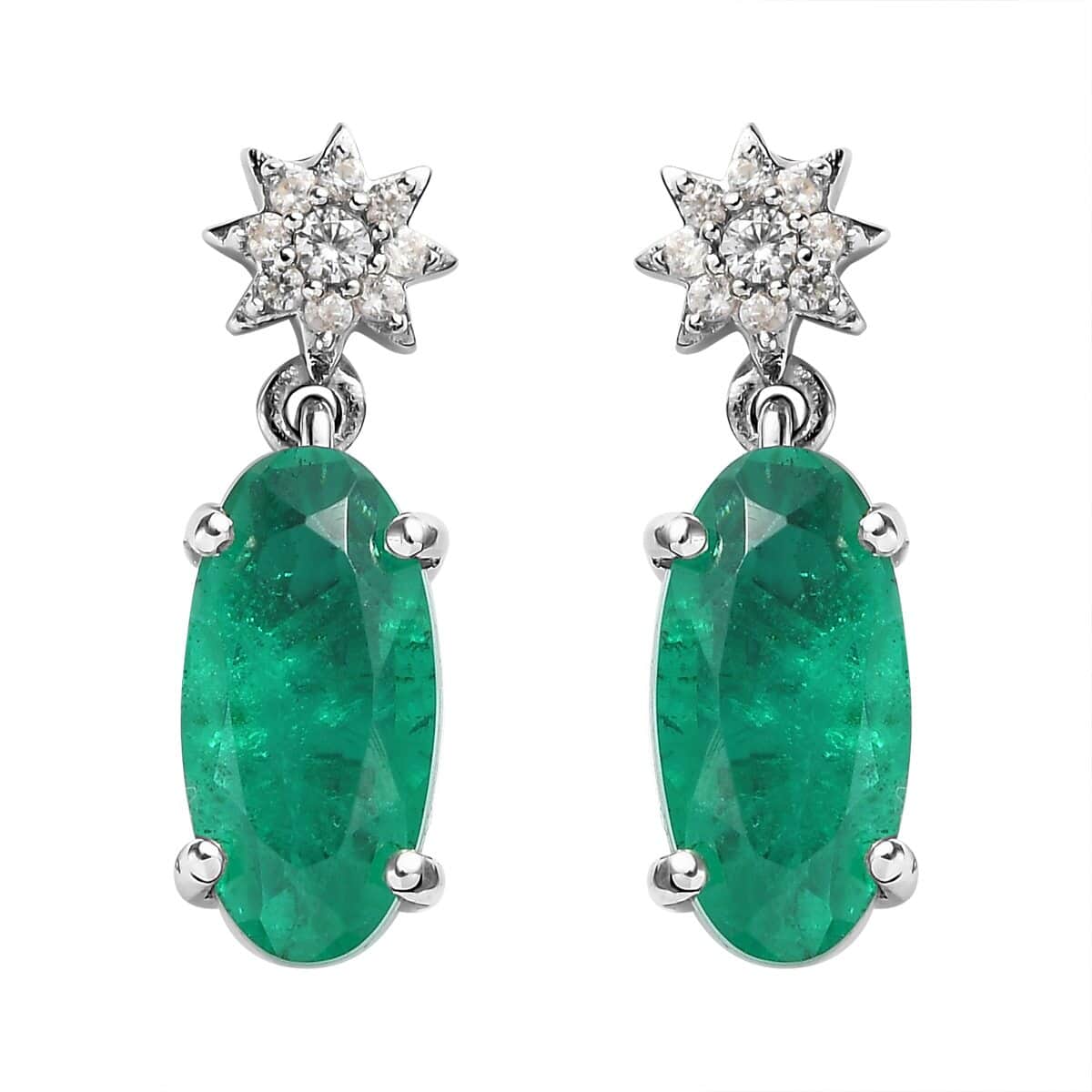 Emeraldine Quartz (Triplet) and White Zircon Dangling Earrings in Platinum Over Sterling Silver 5.00 ctw image number 0