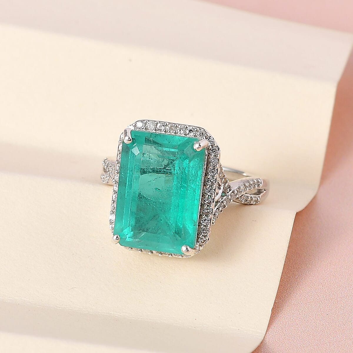 Emeraldine Quartz (Triplet) and White Zircon Halo Ring in Platinum Over Sterling Silver (Size 9.0) 8.70 ctw image number 1