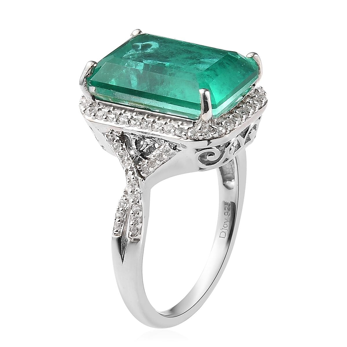 Emeraldine Quartz (Triplet) and White Zircon Halo Ring in Platinum Over Sterling Silver (Size 9.0) 8.70 ctw image number 3