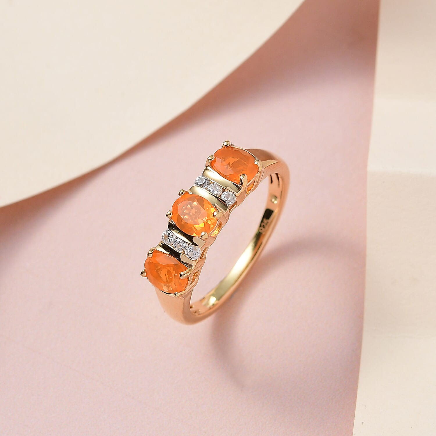 Jalisco Fire Opal and White Zircon 0.80 ctw Ring in 14K YG Over Sterling Silver (Size 10.0)