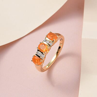 Jalisco Fire Opal and White Zircon 0.80 ctw Ring in 14K YG Over Sterling Silver (Size 10.0)