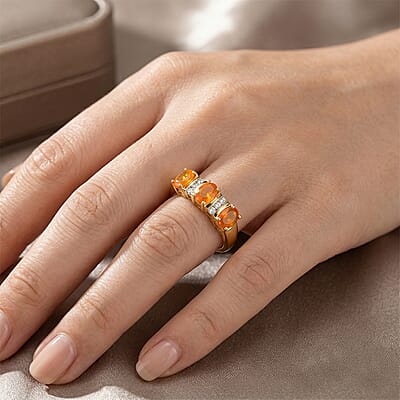 Jalisco Fire Opal and White Zircon 0.80 ctw Ring in 14K YG Over Sterling Silver (Size 10.0)