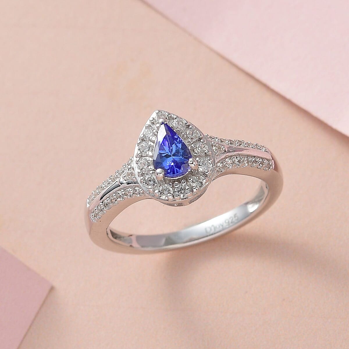 AAA Tanzanite and White Zircon Halo Ring in Platinum Over Sterling Silver (Size 8.0) 1.00 ctw image number 1