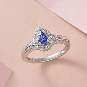 AAA Tanzanite and White Zircon Halo Ring in Platinum Over Sterling Silver (Size 8.0) 1.00 ctw