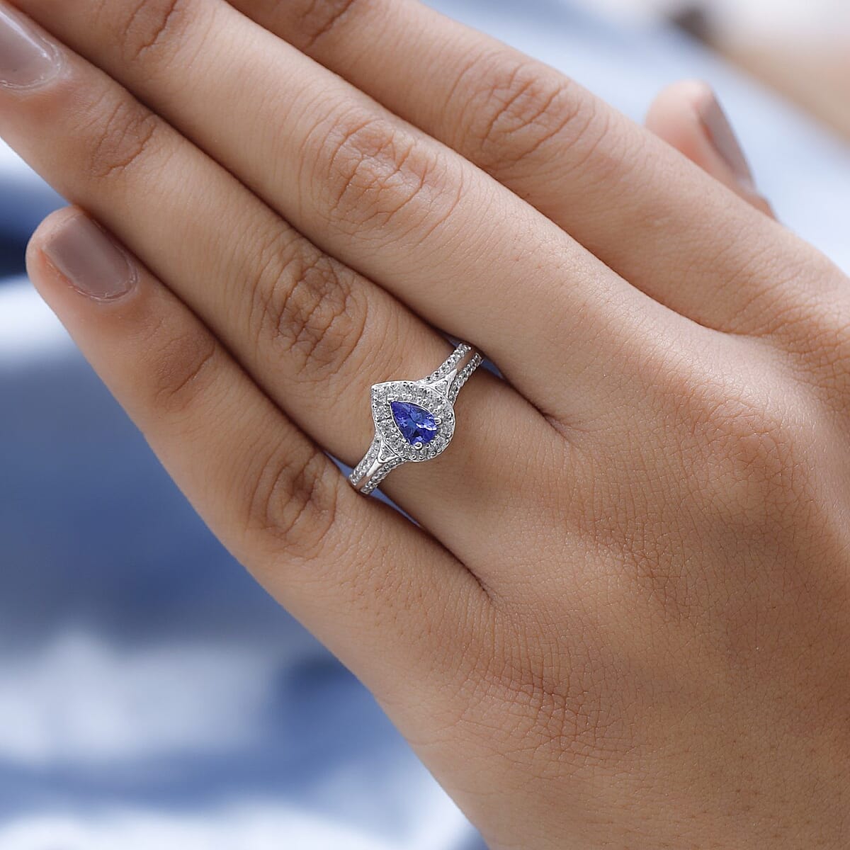 AAA Tanzanite and White Zircon Halo Ring in Platinum Over Sterling Silver (Size 8.0) 1.00 ctw image number 2
