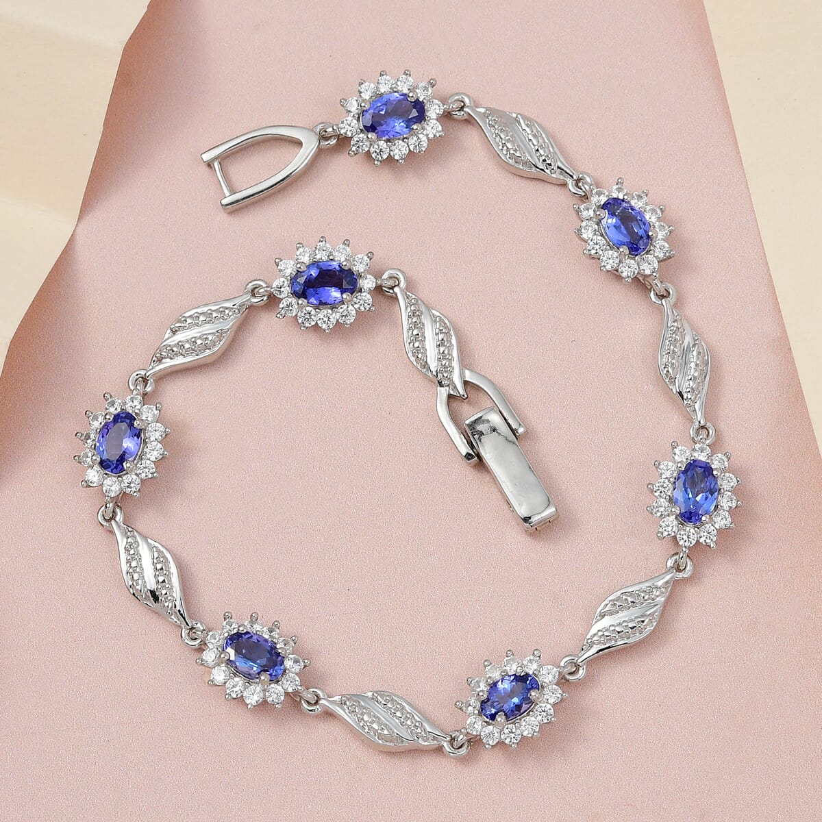 AAA Tanzanite and Natural White Zircon Bracelet in Platinum Over Sterling Silver (6.50 In) 5.90 ctw (Delivery in 8-10 Business Days) image number 1