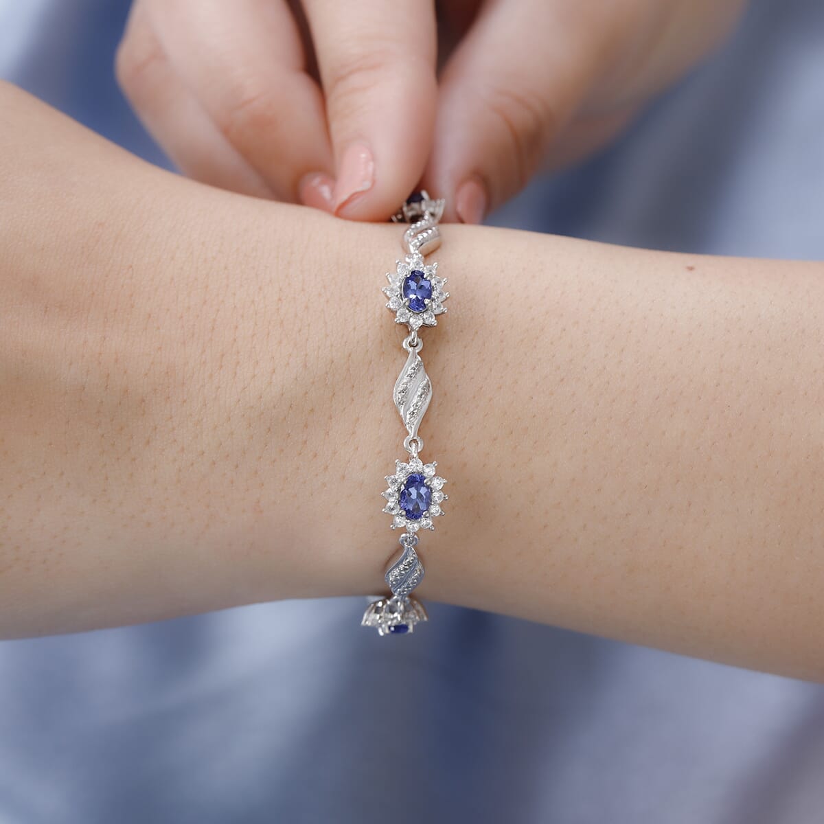 AAA Tanzanite and Natural White Zircon Bracelet in Platinum Over Sterling Silver (6.50 In) 5.90 ctw (Delivery in 8-10 Business Days) image number 2