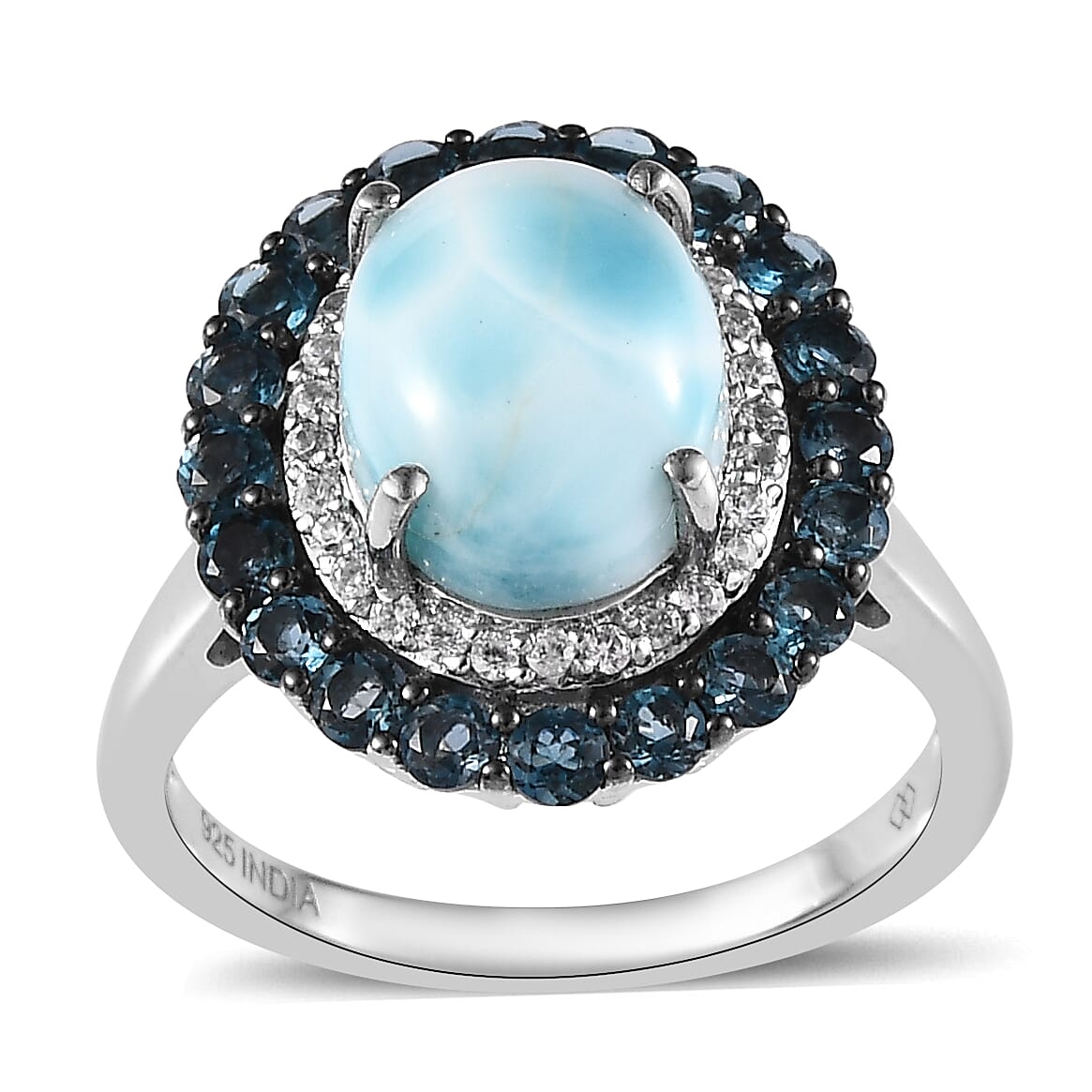 Premium Larimar and Multi Gemstone 4.10 ctw Ring in Rhodium Over Sterling Silver (Size 6)