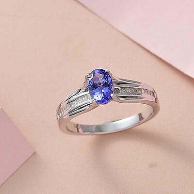 AAA Tanzanite and Diamond 1.00 ctw Bridge Ring in Platinum Over Sterling Silver (Size 10.0)