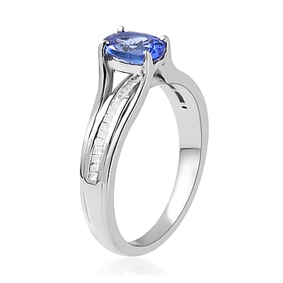 AAA Tanzanite and Diamond 1.00 ctw Bridge Ring in Platinum Over Sterling Silver (Size 10.0)