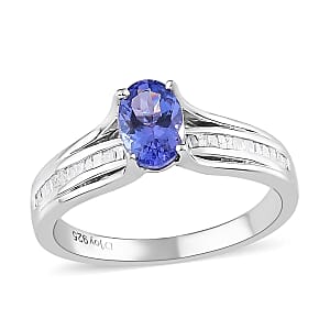 AAA Tanzanite and Diamond Bridge Ring in Platinum Over Sterling Silver (Size 6.0) 1.00 ctw
