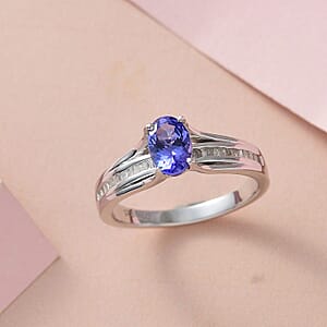 AAA Tanzanite and Diamond Bridge Ring in Platinum Over Sterling Silver (Size 6.0) 1.00 ctw