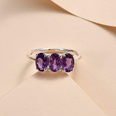Amethyst 3 Stone Ring in Sterling Silver (Size 5.0) 1.15 ctw