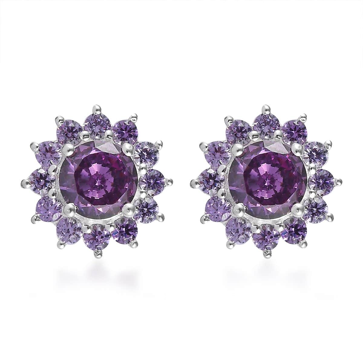 Simulated Amethyst Color Diamond Floral Stud Earrings in Sterling Silver 3.85 ctw image number 0