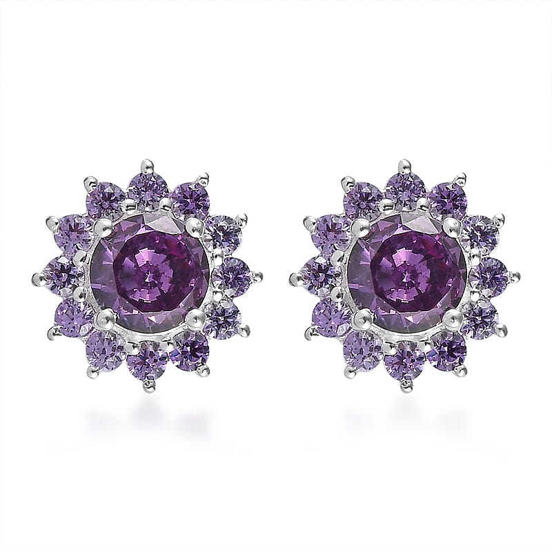 Simulated Amethyst Color Diamond Floral Stud Earrings in Sterling Silver 3.85 ctw