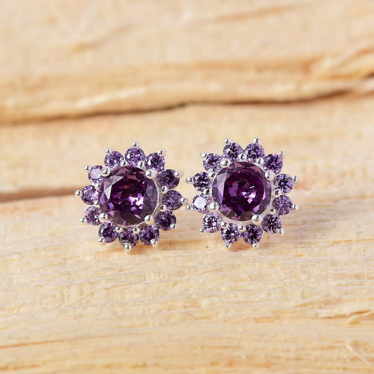 Simulated Amethyst Color Diamond Floral Stud Earrings in Sterling Silver 3.85 ctw image number 1