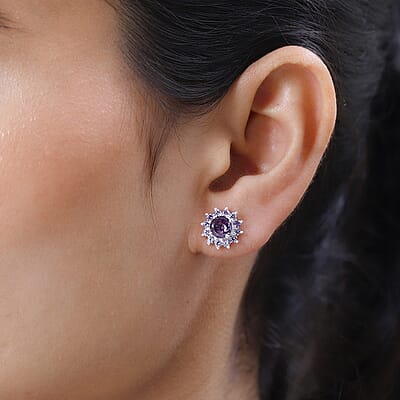 Simulated Amethyst Color Diamond Floral Stud Earrings in Sterling Silver 3.85 ctw