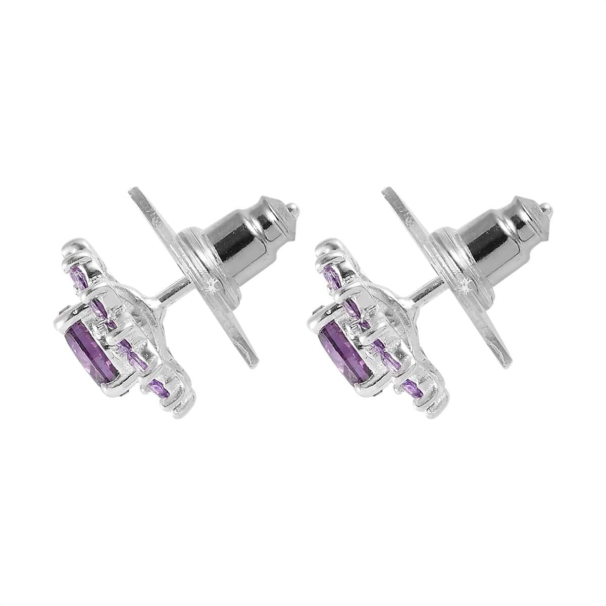 Simulated Amethyst Color Diamond Floral Stud Earrings in Sterling Silver 3.85 ctw image number 3