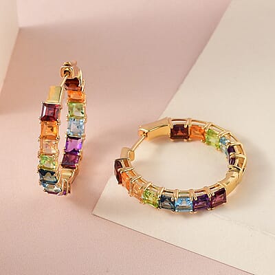 Multi Gemstone 11.30 ctw Hoop Earrings in 18K Vermeil Yellow Gold Over Sterling Silver
