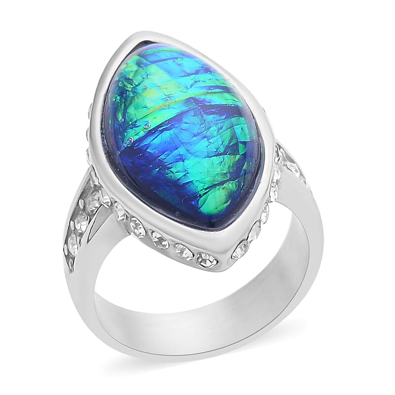 Lab Created Opal and White Austrian Crystal Ring in Stainless Steel (Size 10.0) 3.00 ctw