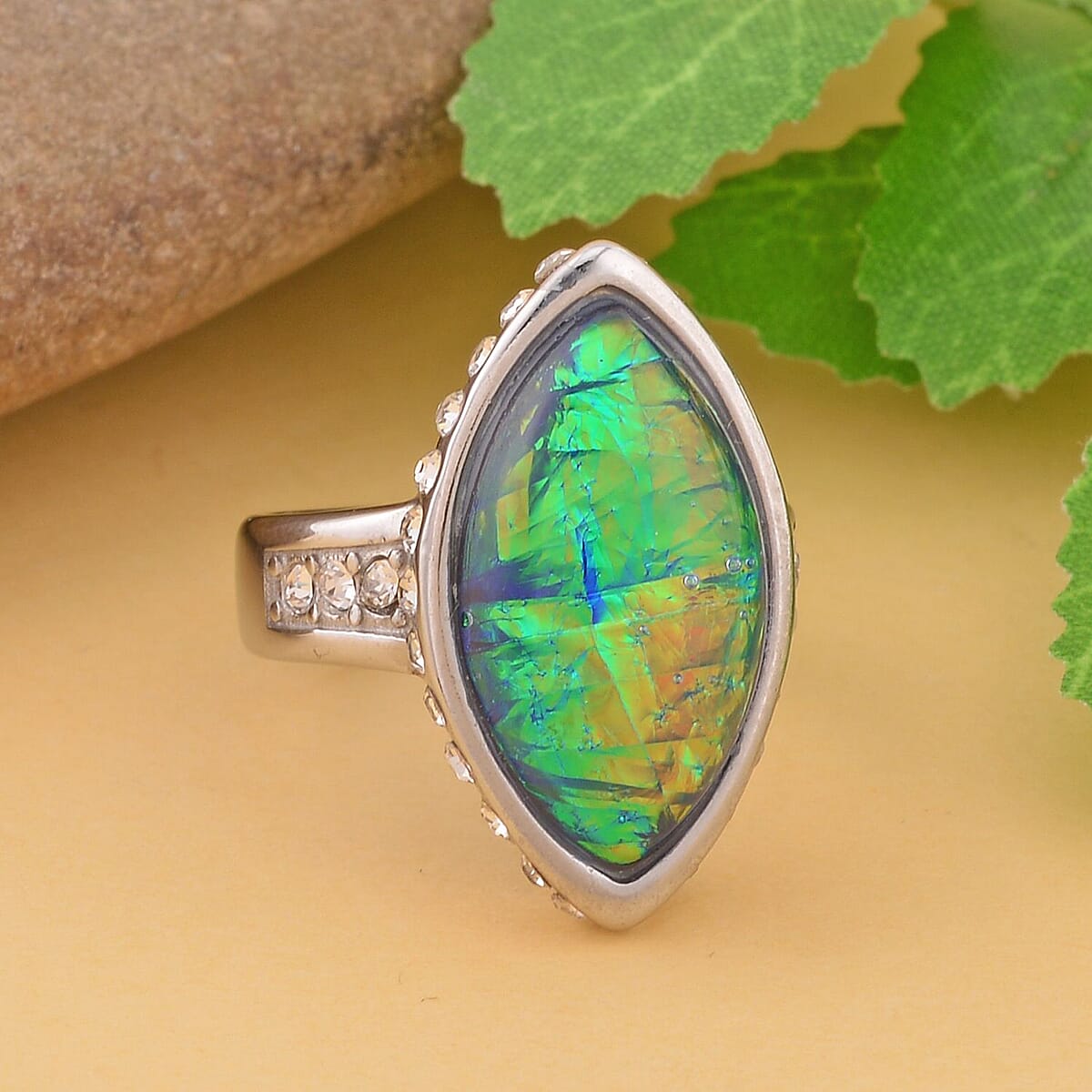Lab Created Opal and White Austrian Crystal Ring in Stainless Steel 3.00 ctw image number 1