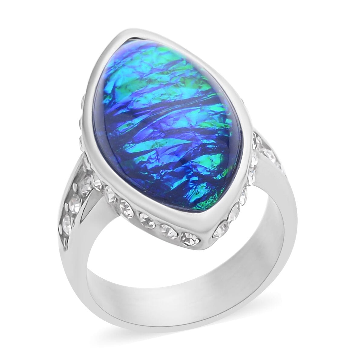 Lab Created Opal and White Austrian Crystal Ring in Stainless Steel 3.00 ctw image number 0