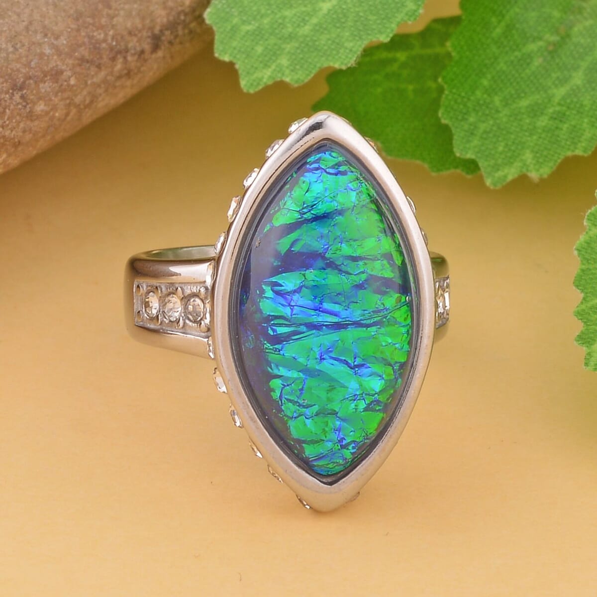 Lab Created Opal and White Austrian Crystal Ring in Stainless Steel 3.00 ctw image number 1