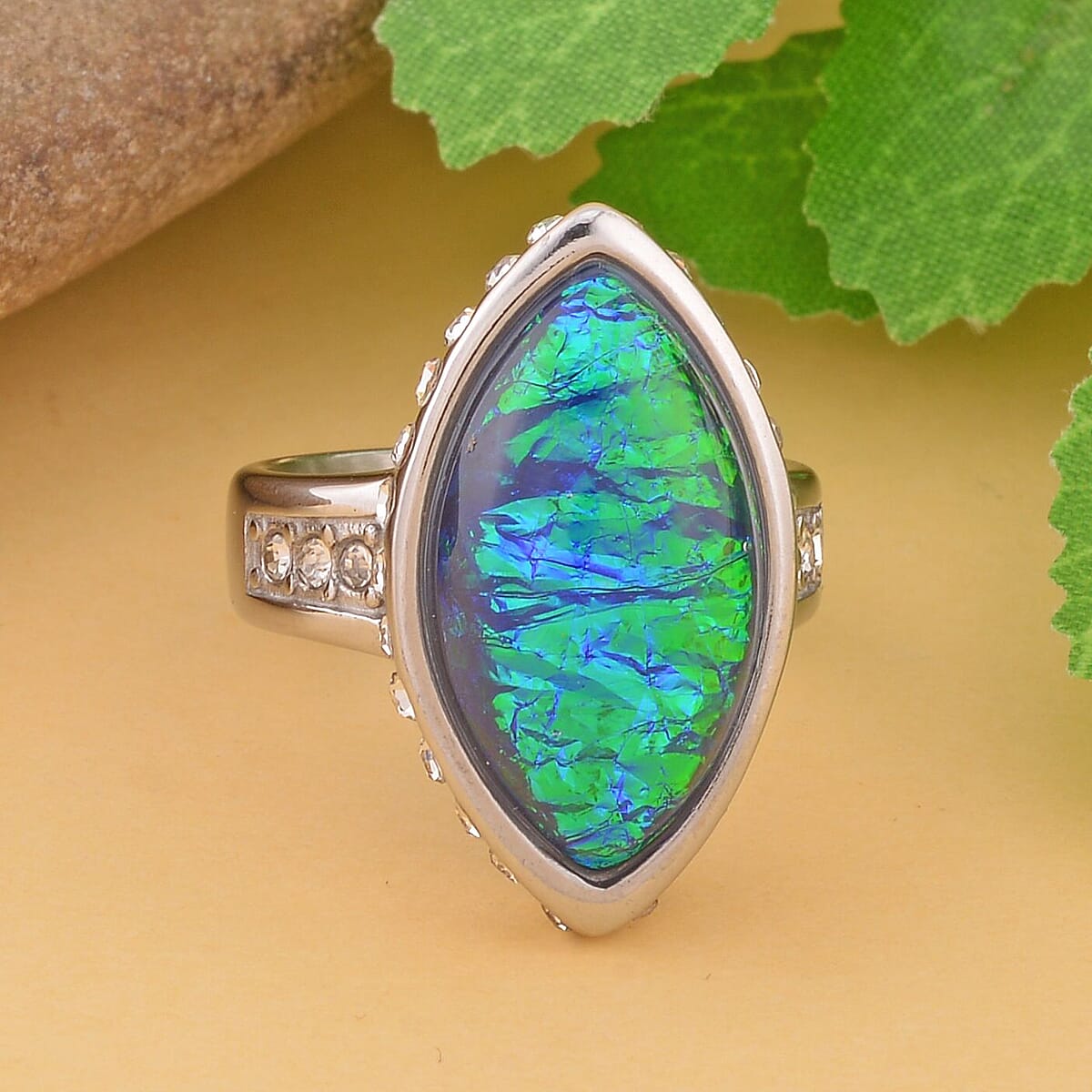 Lab Created Opal and White Austrian Crystal Ring in Stainless Steel (Size 7.0) 3.00 ctw image number 1