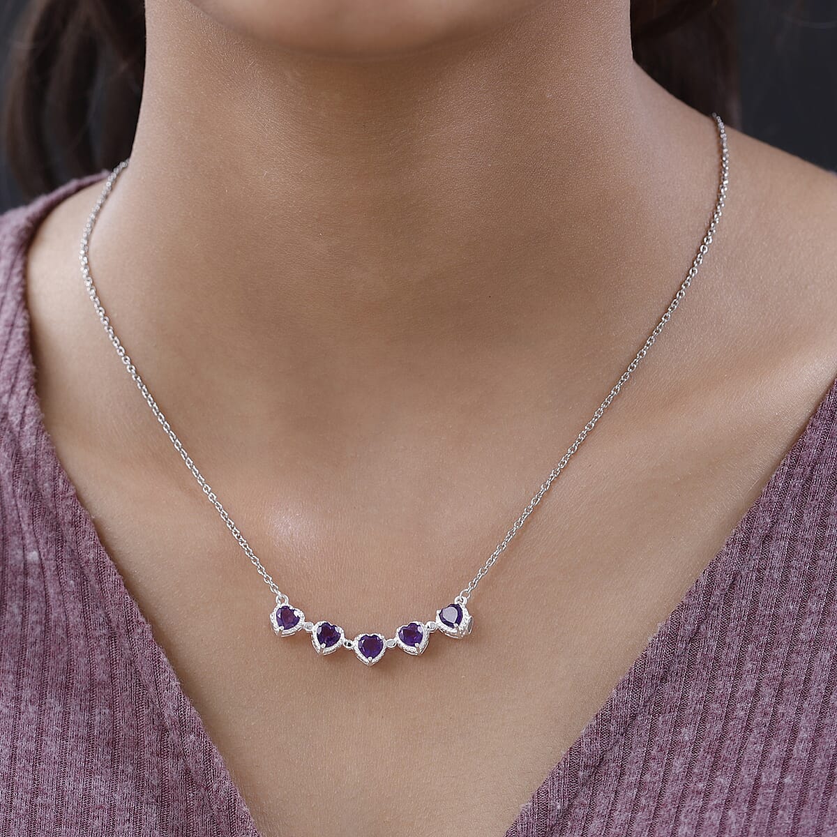 Amethyst Heart Shape Openable Necklace 18 Inches in Stainless Steel and Sterling Silver 1.00 ctw image number 2