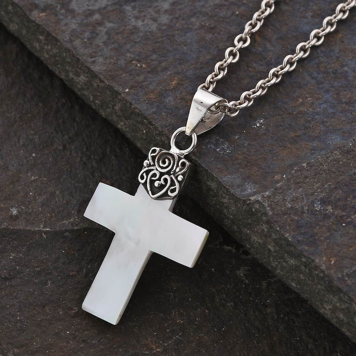 Mother Of Pearl Cross Pendant in Sterling Silver image number 1