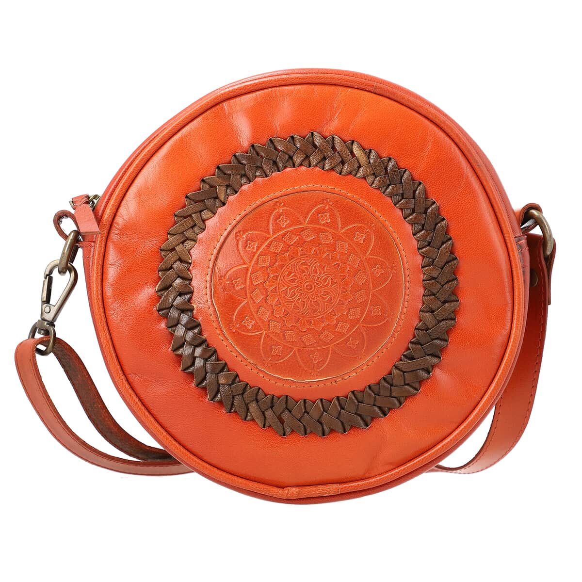 100% Genuine leather weaving round croosbody bag  SIZE: 7(L)x2.4(W)x7(H)Inches   COLOR: Cognac image number 0